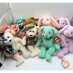 Ty Beanie Babies 9 Christmas Holiday New Year Bunnies All-Star Golf Bear READ: